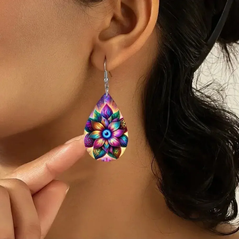 Lotus Multi Color Faux Leather‎ Teardrop Dangle Earrings